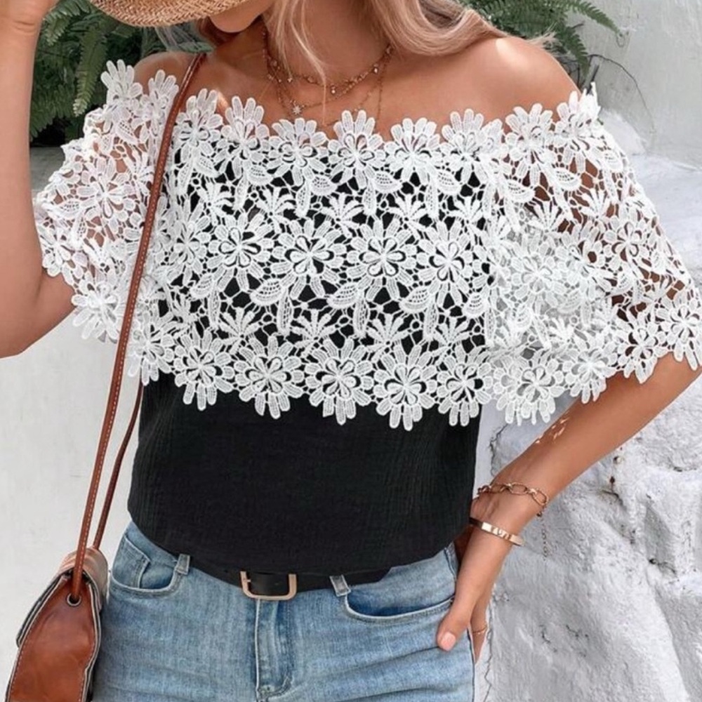 NWT, Lavishly Paris Lace Appliques Off Shoulder Blouse